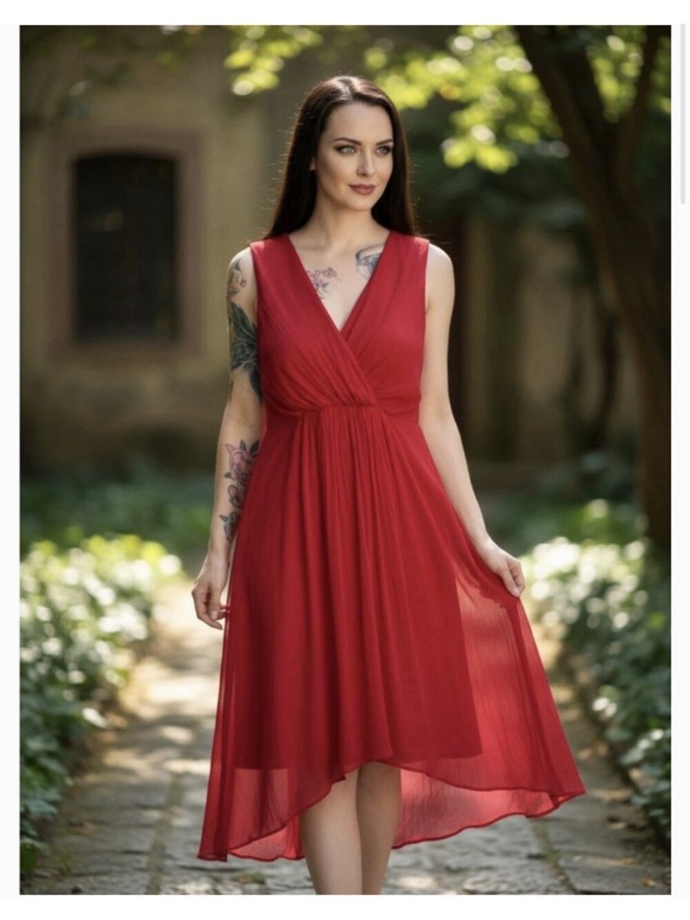 Soft Surroundings Charmonte High-Low Maxi Dress Red Chiffon Date Night 10P X - Picture 2 of 13